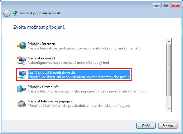 17) V okně Nastavit připojení nebo síť vyberte možnost Ručně připojit
