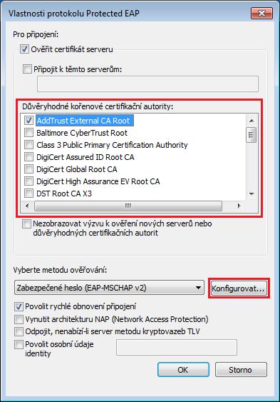 22) V okně Vlastnosti protokolu Protected EAP se zaměřte na sekci Důvěryhodné kořenové certifikační