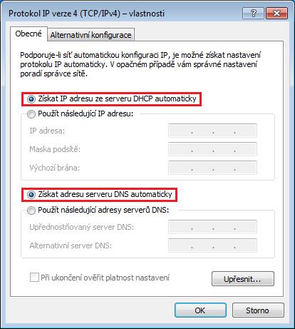 14) V okně Protokol IP verze 4 (TCP/IPv4) vlastnosti vyberte možnosti Získat IP adresu ze serveru DHCP