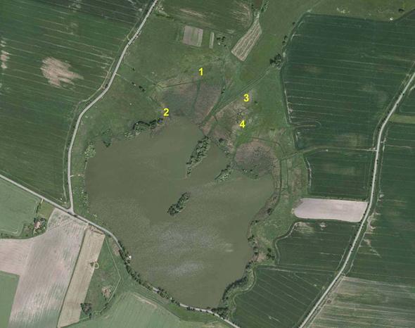 106 Elateridarium 4: 104-109, 2010 MÍSTA ODBĚRŮ A SOUPIS DRUHŮ Obr. 2. Strašovský rybník, letecký snímek ze současnosti s vyznačením míst odběrů vzorků odběr č.
