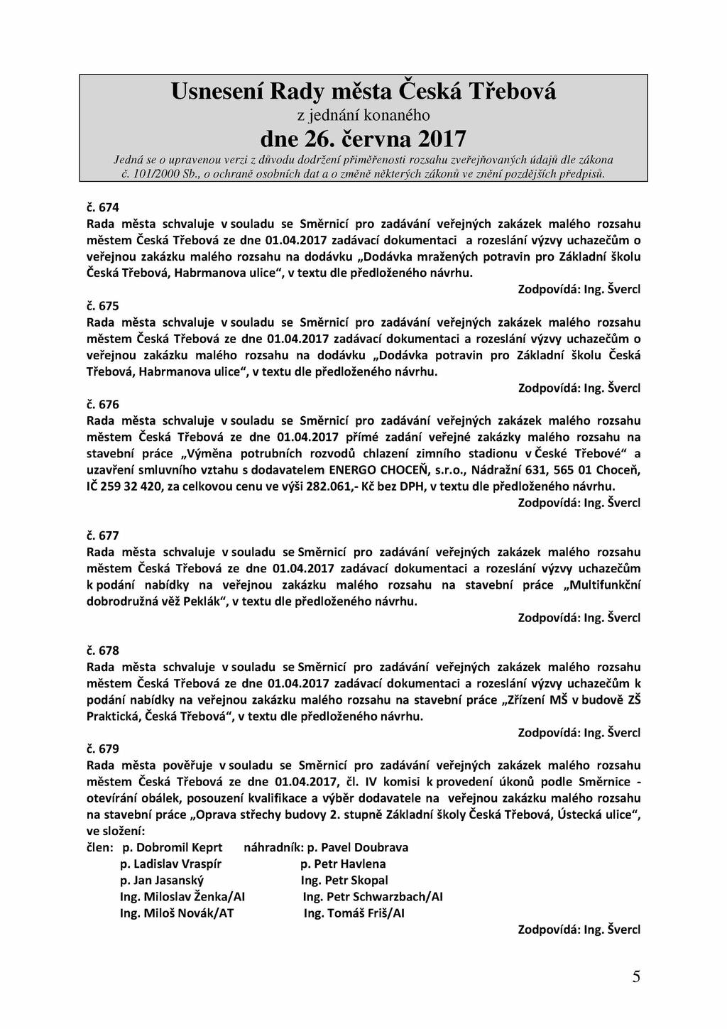č. 674 městem Česká Třebová ze dne 01.04.