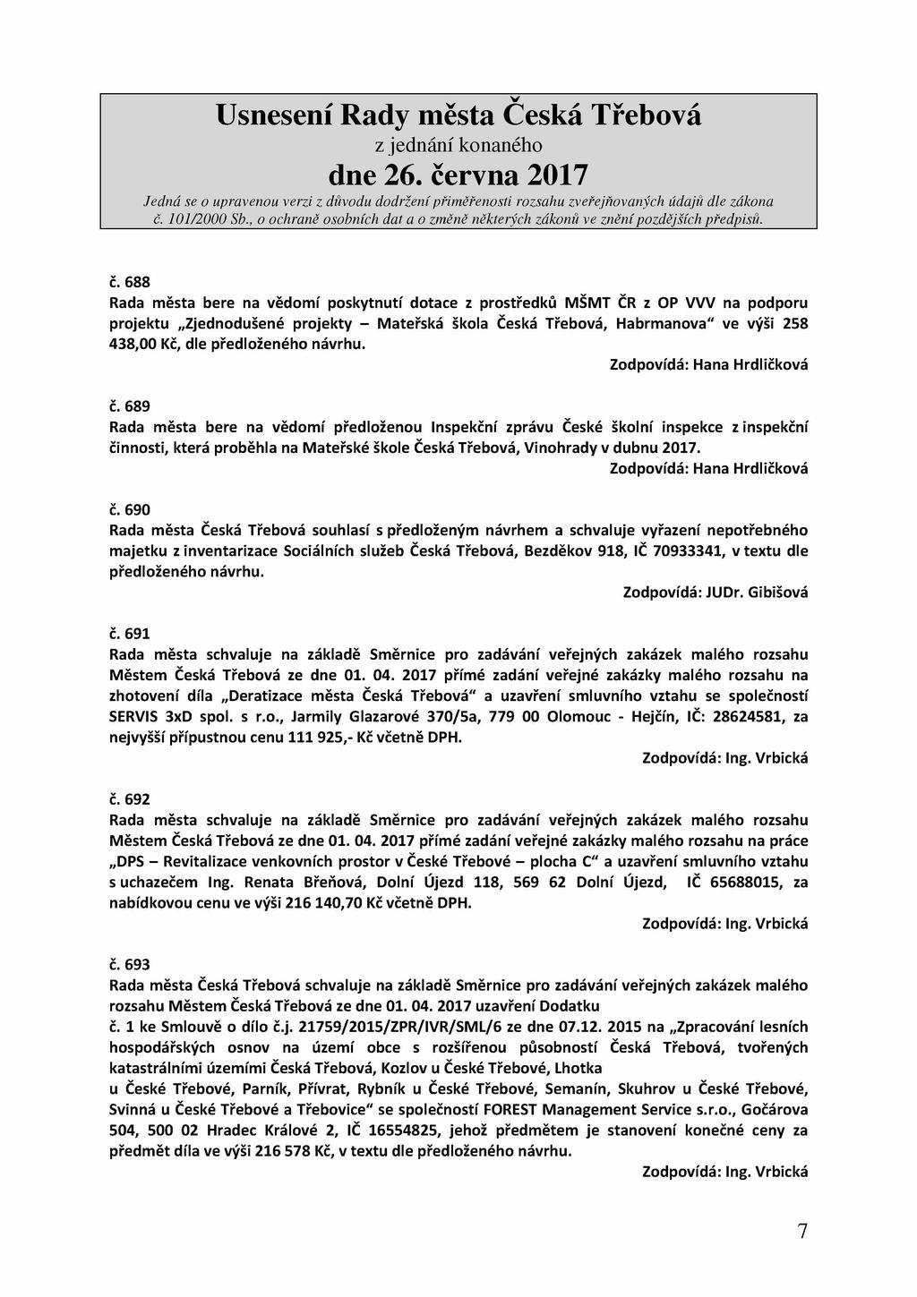 č. 688 Rada města bere na vědomí poskytnutí dotace z prostředků MŠMT ČR z OP VVV na podporu projektu Zjednodušené projekty - Mateřská škola Česká Třebová, Habrmanova" ve výši 258 438,00 Kč, dle