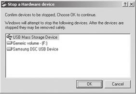 Odebrání vyměnitelného disku Windows 2000/XP/Vista (Vyobrazení se mohou lišit podle použitého operačního systému Windows.) 1. Zkontrolujte, zda neprobíhá přenos souboru mezi počítačem a fotoaparátem.