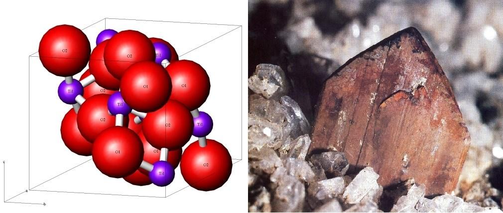 Obrázek 5: Vlevo struktura, vpravo krystal rutilu (11).