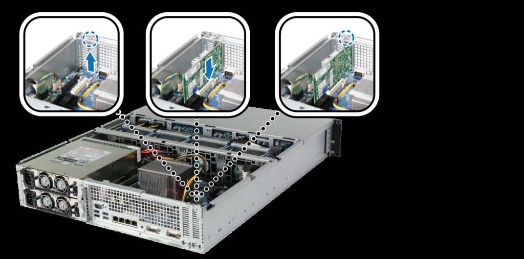 Instalace karty síťového rozhraní: 1 Otevřete kryt zařízení RackStation podle kroků 1 až 4 v části Instalace modulu RAM.