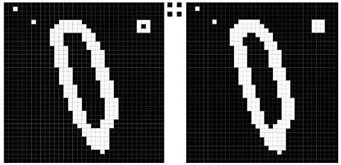 Obrázek 16 nám zjednodušeně naznačuje postup metody uzavření. Opět je uprostřed vyznačen strukturní element, vpravo se nachází výstupní obraz a vlevo obraz vstupní.