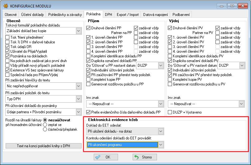2/ Nastavení Kontroly odeslání dokladů do EET (kontroluje, zda existují doklady spadající do EET, ale neodeslané).