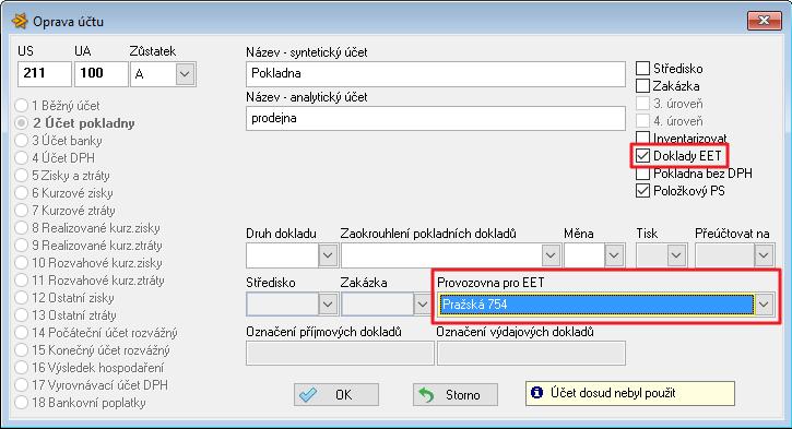 4.3 Číselník Druhové členění - předkontace Na záznamu typu 4. Pokladna příjem je možnost nastavit, zda doklad s příslušným druhem podléhá EET.