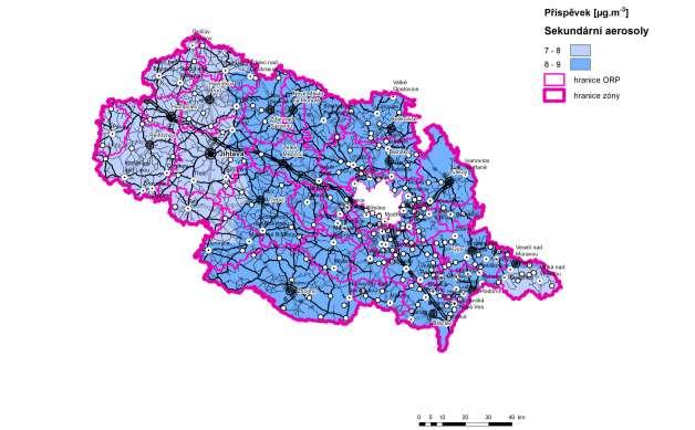 Obrázek 43: Příspěvek skupiny sekundárních aerosolů k průměrné roční koncentraci PM 2,5, stav roku 2011, zóna CZ06Z Jihovýchod Průměrné roční koncentrace benzo(a)pyrenu Na imisním zatížení