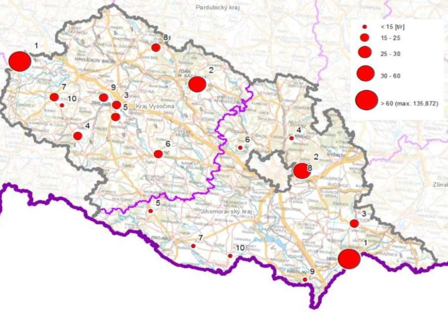 Obrázek 47: Provozovny vyjmenovaných zdrojů s nejvyššími emisemi tuhých znečišťujících látek, stav roku 2011, zóna CZ06Z