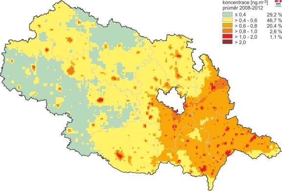 Obrázek 31: Pole průměrné roční koncentrace benzo(a)pyrenu, zóna CZ06Z Jihovýchod, pětiletý průměr za roky 2008-2012 Zdroj dat: ČHMÚ Shrnutí Imisní limit pro benzo(a)pyren je dlouhodoběji překračován