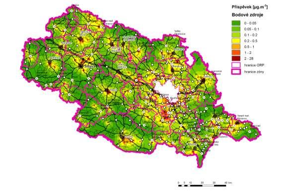 Obrázek 36: Příspěvek skupiny vyjmenovaných stacionárních zdrojů (Bodové zdroje) k průměrné roční koncentraci PM 10, stav roku 2011, zóna CZ06Z Jihovýchod Obrázek 37: Příspěvek