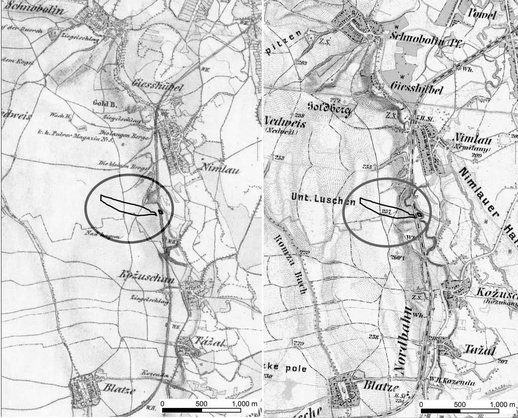 Záchranný archeologický výzkum v Olomouci Nemilanech 2 Obr. 2. Výsek z map druhého a třetího vojenského mapování katastru Nemilan s lokalizací archeologického výzkumu z r. 1999. Abb. 2. Ausschnitt aus Karten der zweiten und dritten militärischen Aufnahme des Katasters von Nemilany mit Lokalisierung der Ausgrabungen im J.