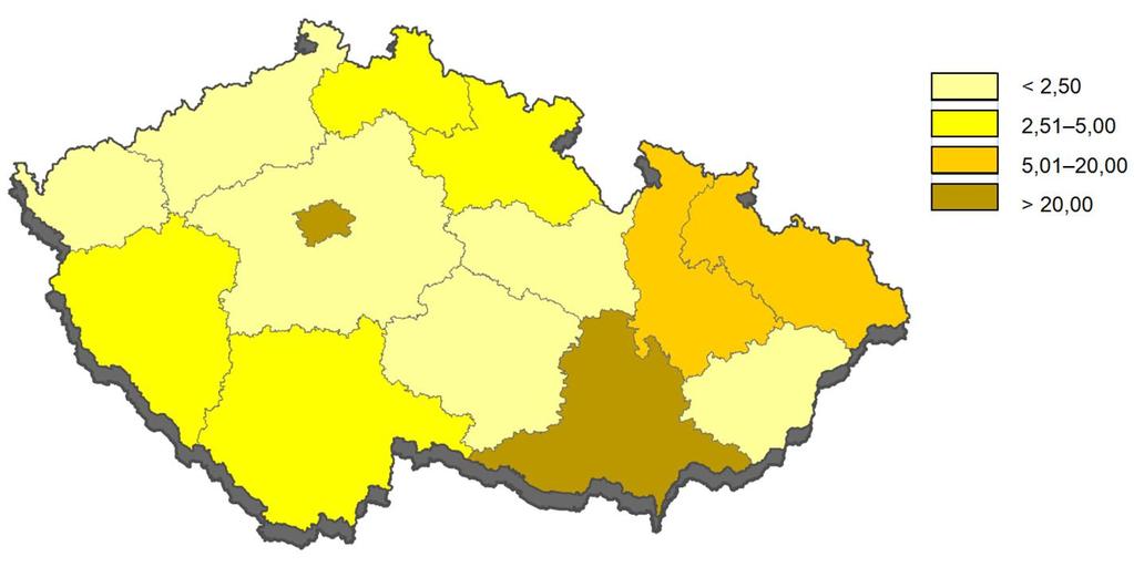 Za ním se umístily kraje Zlínský, Jihomoravský, Pardubický a také kraj Liberecký. Schéma 1 Výdaje na VaV v podnikatelském sektoru v krajích ČR v roce 20