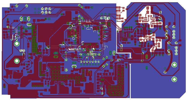 Obrázek layoutu z návrhového prostředí EAGLE je na obrázku -31. Při návrhu bylo dbáno na důsledné oddělení digitální a analogové země z důvodu minimalizace rušení.