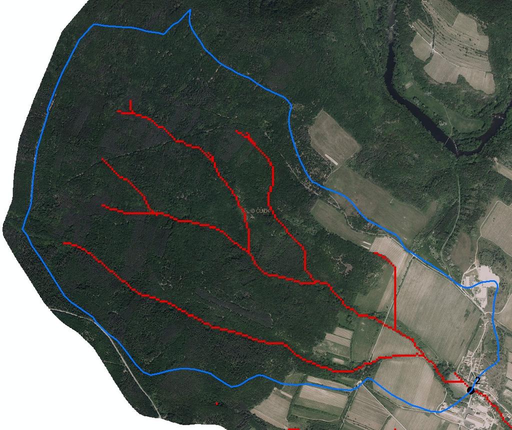 Obr. 20 Mapa KB 2 Tab. 9 Vstupní hodnoty pro výpočet základních charakteristik přímého odtoku KB 2 VSTUPNÍ VELIČINY Povodí Levý svah Pravý svah Jednotky F plocha povodí 2.7 [km 2 ] F s plocha svahu 1.