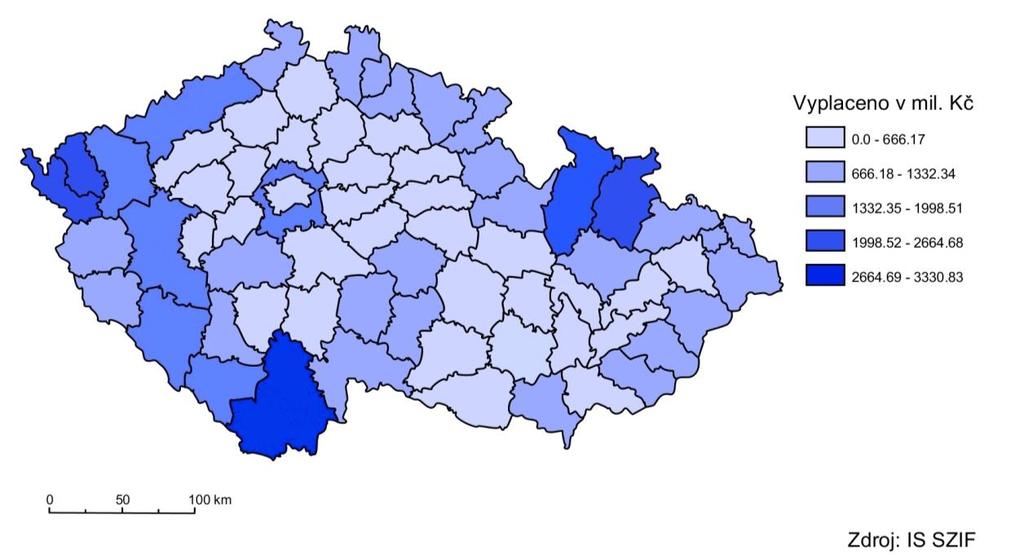 100 Graf 16: Poskytnuté dotace v rámci opatření osy II kumulativně za období 2007-2015 - regionální členění dle krajů Obrázek 17: Poskytnuté dotace v rámci plošných opatření osy II kumulativně za