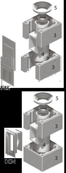 3. 3a. Komínová plášťová tvárnice s vyříznutým otvorem pro osazení Komínových dvířek DEK s větrací mřížkou.