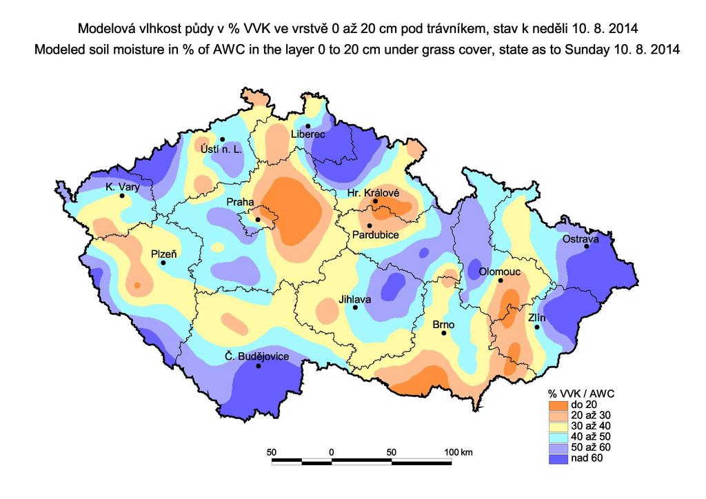 F: Vlhkost půdy Vlhkost půdy v orniční vrstvě se oproti minulému týdnu na většině území ČR mírně snížila, místy se ale vyskytovaly lokální bouřky, které vlhkosti naopak zvýšily.