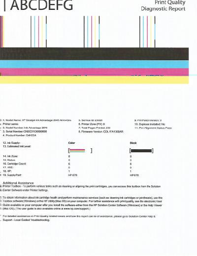 d. Klepnutím na možnost Tisk diagnostických informací na kartě Protokoly zařízení spustíte tisk stránky diagnostiky. Zkontrolujte modrá, fialová, žlutá a černá pole na stránce diagnostiky.