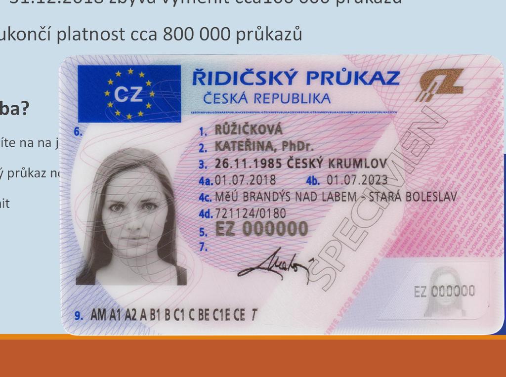 Povinné doklady v kabině vozu Řidičský průkaz 19.12. 31.12.2018 zbývá vyměnit cca100 000 průkazů 2019 ukončí platnost cca 800 000 průkazů Co je k výměně ŘP potřeba?