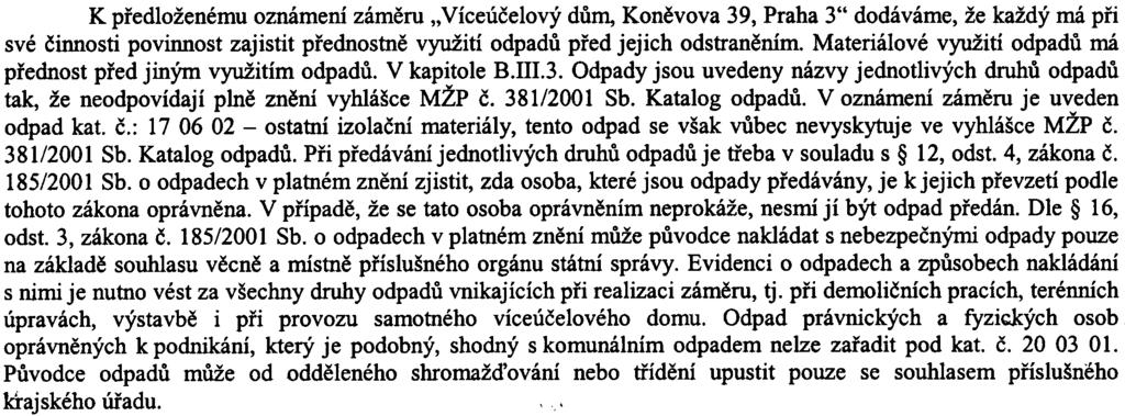 @ddìlení odpadového hospodáøství: K pøedloženému oznámení zámìru "Víceúèelový dùm, Konìvova 39, Praha 3" dodáváme, že každý má pøi své èinnosti povinnost zajistit pøednostnì využití odpadù pøed