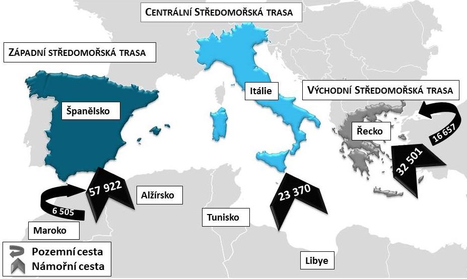 Aktuální situace na migračních trasách ČTVRTLETNÍ ZPRÁVA O MIGRACI V roce 2018 přicestovalo do Evropy nelegálně celkem 142 812 migrantů, z toho 116 852 po moři (Španělsko, Itálie, Řecko, Malta a