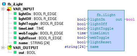 6.11 Funkční blok fb_ilight Knihovna : icontrollib Funkční blok fb_ilight je určen k řízení světla pomocí tlačítek.