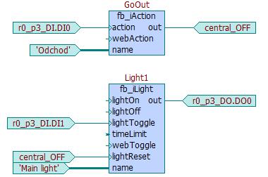 Předpokládejme, že potřebujeme ovládat světlo připojené v PLC systému na binární výstup DO0. Světlo budeme ovládat tlačítkem připojeným na binární vstup DI1.