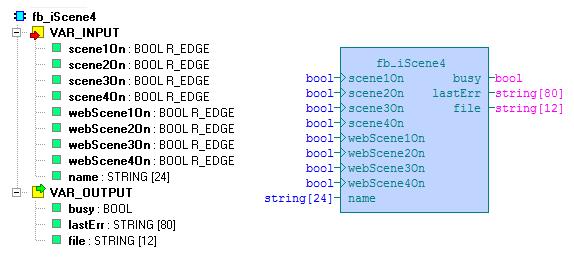 6.13 Funkční blok fb_iscene4, fb_iscene8 Knihovna : icontrollib Funkční bloky fb_iscene4 a fb_iscene8 jsou určeny k nastavení scény. Blok fb_iscene4 umožňuje nastavit max.