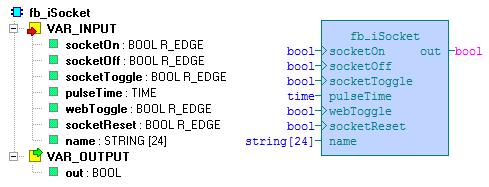 6.16 Funkční blok fb_isocket Knihovna : icontrollib Funkční blok fb_isocket je určen k řízení zásuvky. Vstup socketon spíná zásuvku, vstup socketoff zásuvku rozpíná.