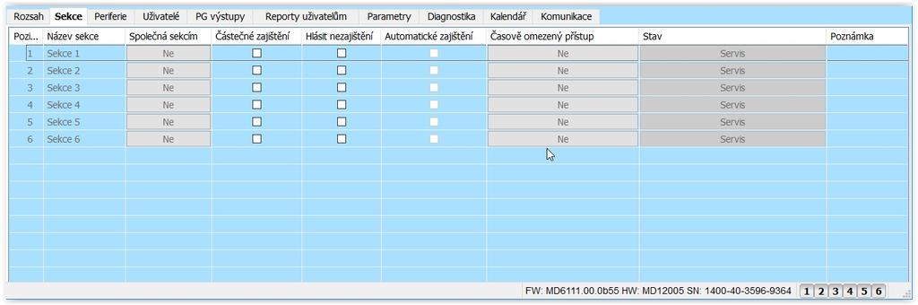 10.4 Záložka Sekce Nastavuje vlastnosti nezávisle ovládaných střežených sekcí. K provádění změn v této záložce není nutné být v režimu Servis.