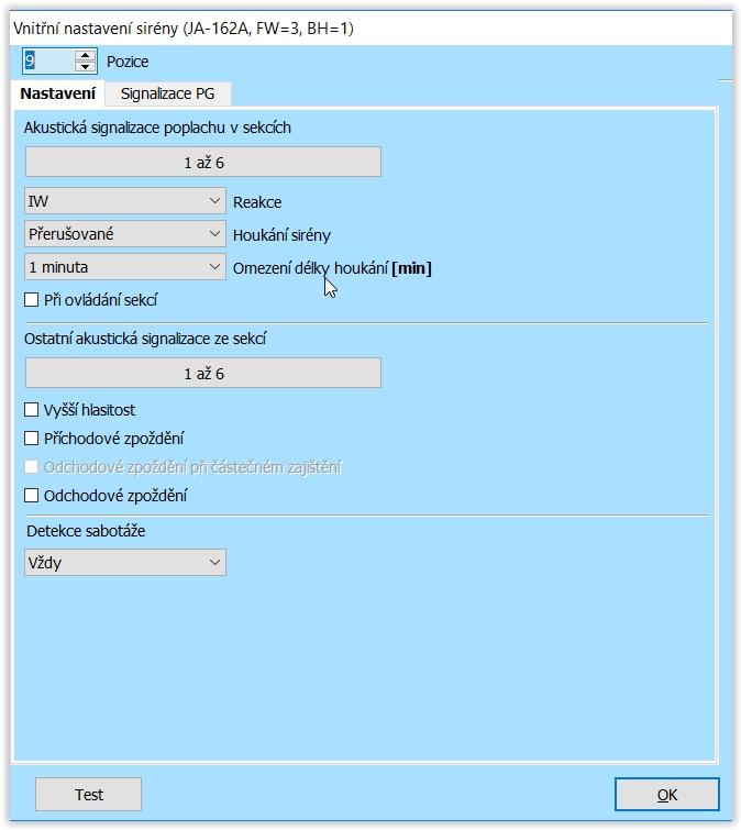 10.5.2 Nastavení vnitřní sirény: Akustická signalizace poplachu v sekcích volí sekce, pro které bude sirénou hlásit poplach Reakce vybírá hlášení poplachu EW (venkovní hlášení poplachu) nebo IW