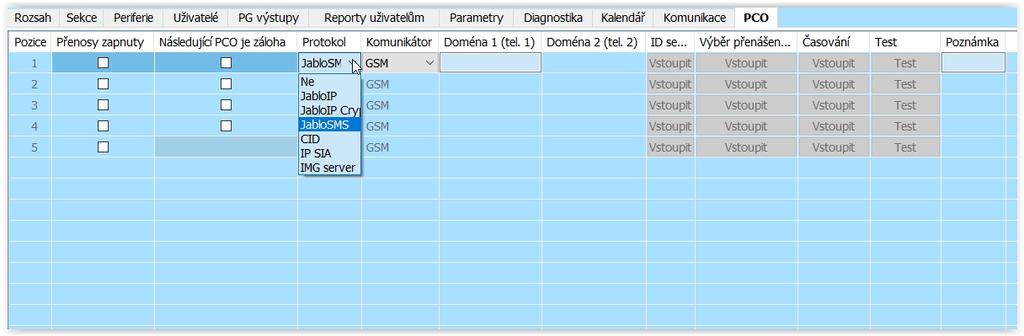 10.12 Záložka PCO Nastavuje komunikaci na poplachová přijímací centra.