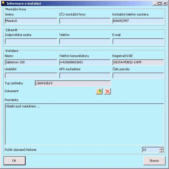 Do textového pole si může montážní technik vyplnit poznámky a informace získané během montáže, které mohou dopomoci např.