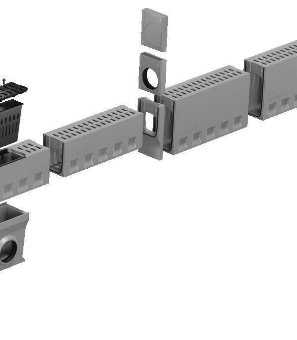 Čelní-/Koncová stěna - s pero- drážkou - čelní uzávěr žlabové linie Koncová stěna s odtokem - s pero- drážkou - uzávěr žlabu s těsněním na napojení roury DN 200 (KG-přesuvka) Jednoduchý přístup -