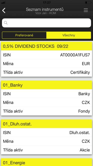 4.7 Seznam Instrumentů Stránka obsahuje seznam obchodovatelných instrumentů. Seznam instrumentů je omezený na třídy aktiv typu Dluhopis, Akcie, Fondy, Certifikáty, Warranty a Investiční Směnky.