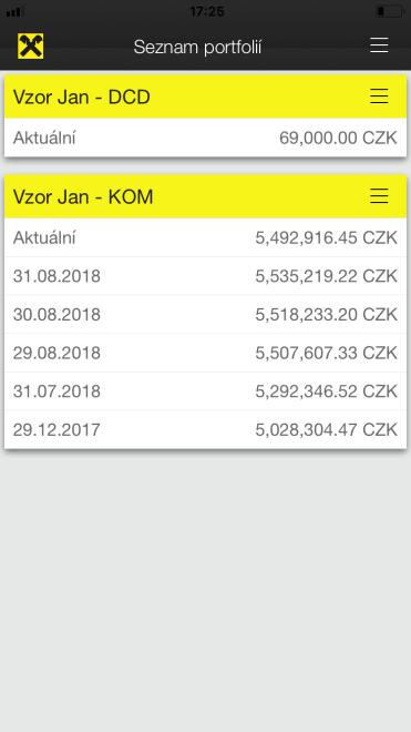 4.4 Seznam Portfolií Seznam portfolií je první stránka po přihlášení do aplikace. Stránka obsahuje seznam aktivních portfolií s aktuální hodnotou majetku na portfoliu.