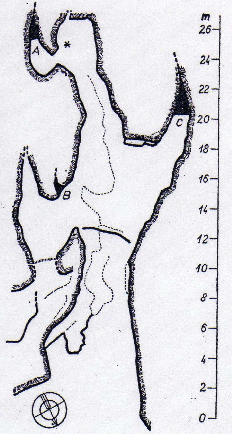 - 48 - Klímově plánku ukazuje místo, kde podle Vaňury našel Kubásek mandibulu.