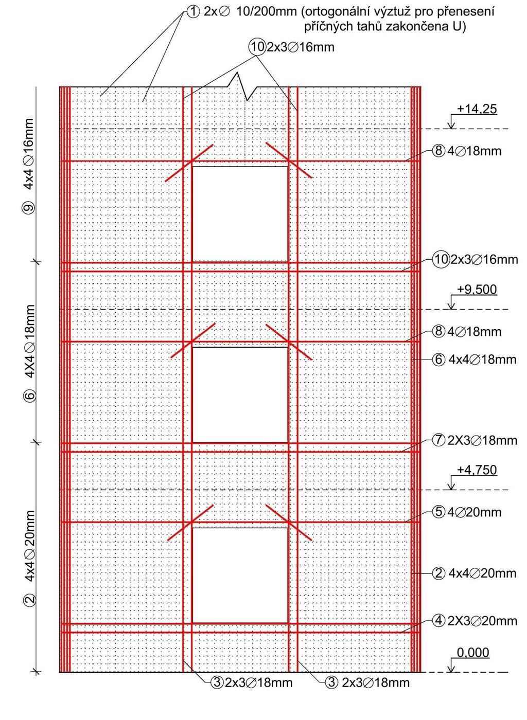 Obrázek 55 Schéma výztuže pro stěnu s otvory Výztuž na obrázku 55 byla pro vyniknutí zobrazena červeně, aby nezanikla v rastru, který schématicky zobrazuje ortogonální výztuž pro přenesení příčných