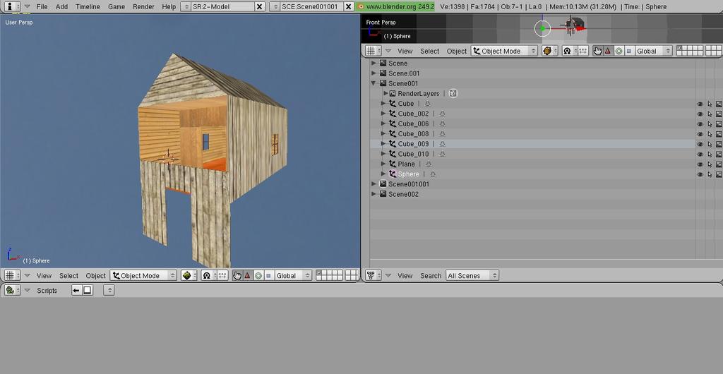 Obrázek 2.4: Blender Pro práci se v programu Blender vytvořil dům, který je vyobrazen na obrázku 2.4. Také se částečně ovlivňovaly ostatní modely, které byly staženy z internetu 5.