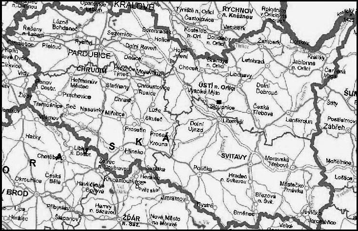 Orlické hory a Podorlicko 18: 31-58 (2011) Obr. 1. Lokalizace k.ú. Sloupnice v rámci Pardubického kraje (poloha k.ú. je vyznačena černým čtverečkem).