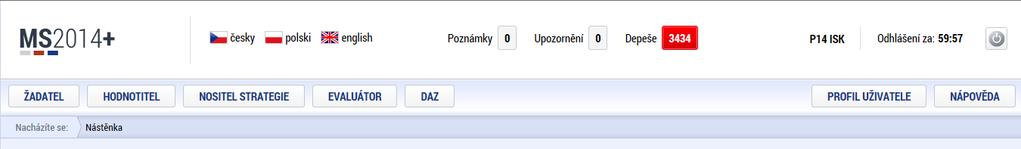 Snímek záhlaví obrazovky s identifikací přihlášeného uživatele, zbývajícím časem do automatického odhlášení a ikonou pro odhlášení 3.