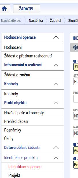 Snímek s vyznačením položky pro depeše v levém menu žádosti Je důležité, aby žadatel/příjemce průběžně na