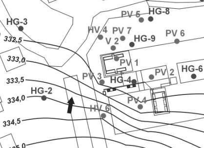 Obr. 5: Situace zájmového území s vyznačením realizovaných a archivních vrtů s izoliniemi hladiny podzemní vody V závěru analýzy rizik se konstatuje, že v případě rizik ve zdrojové oblasti existují