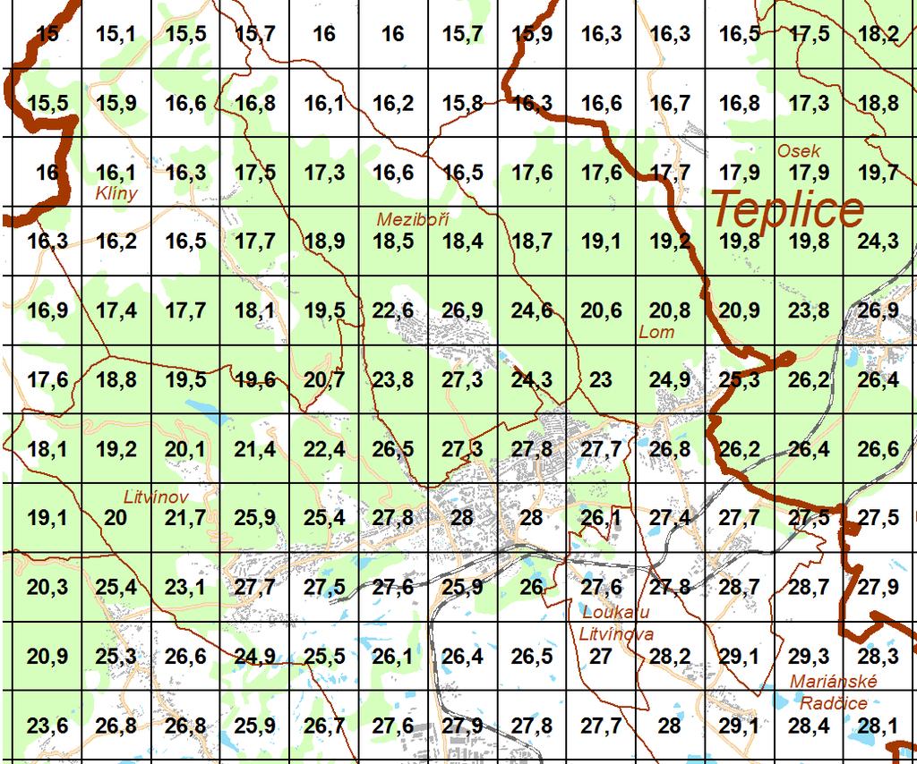 Obrázek 4: Pětiletá průměrná koncentrace částic PM10 na Litvínovsku