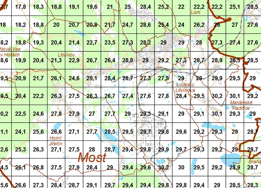 Obrázek 3: Pětiletá průměrná koncentrace částic PM10 na Litvínovsku