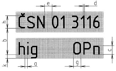 Obrázek 8 Zápis znaků písma typu B (Kletečka, 2007) Obrázek 9 Rozměry písma typu B (Kletečka, 2007) Tabulka 5 Poměrné velikosti písma