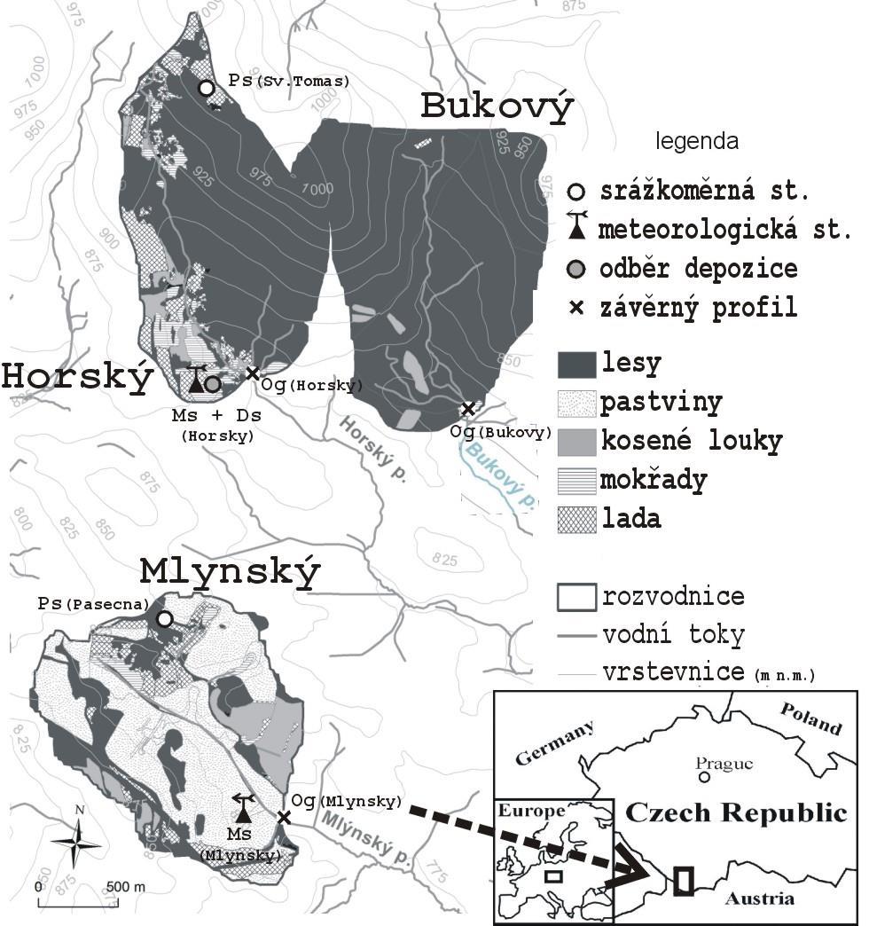 Obr. 1. Lokalizace modelových povodí se zákresem měřících stanic Zásadním, pokud jde o porovnání modelových povodí, se ovšem jeví jejich rozdílný krajinný pokryv.