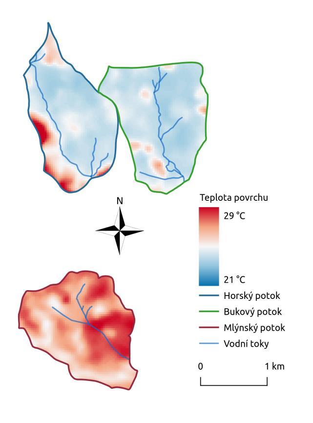 Výsledky analýzy satelitních dat z družice Landsat snímaných termálním skenerem ukazují, že v povodích Horského a Bukového potoka s větším množstvím vegetace, rozsáhlými plochami lesa a vlhkých ploch
